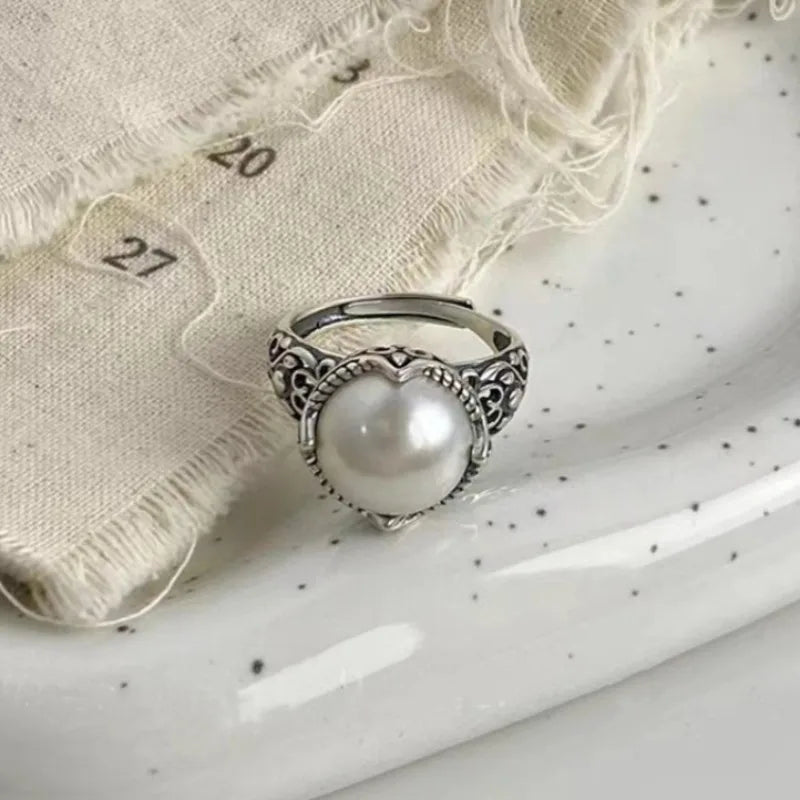 925 Sterling Silver Hollowed Pearl Adjustable Rings For Women Wedding Luxury Accessories  Dropshipping