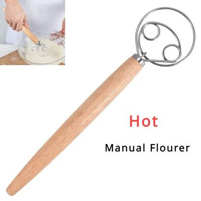 Stainless Steel Danish Dough Whisk | Wooden Handle Bread Mixer for Baking