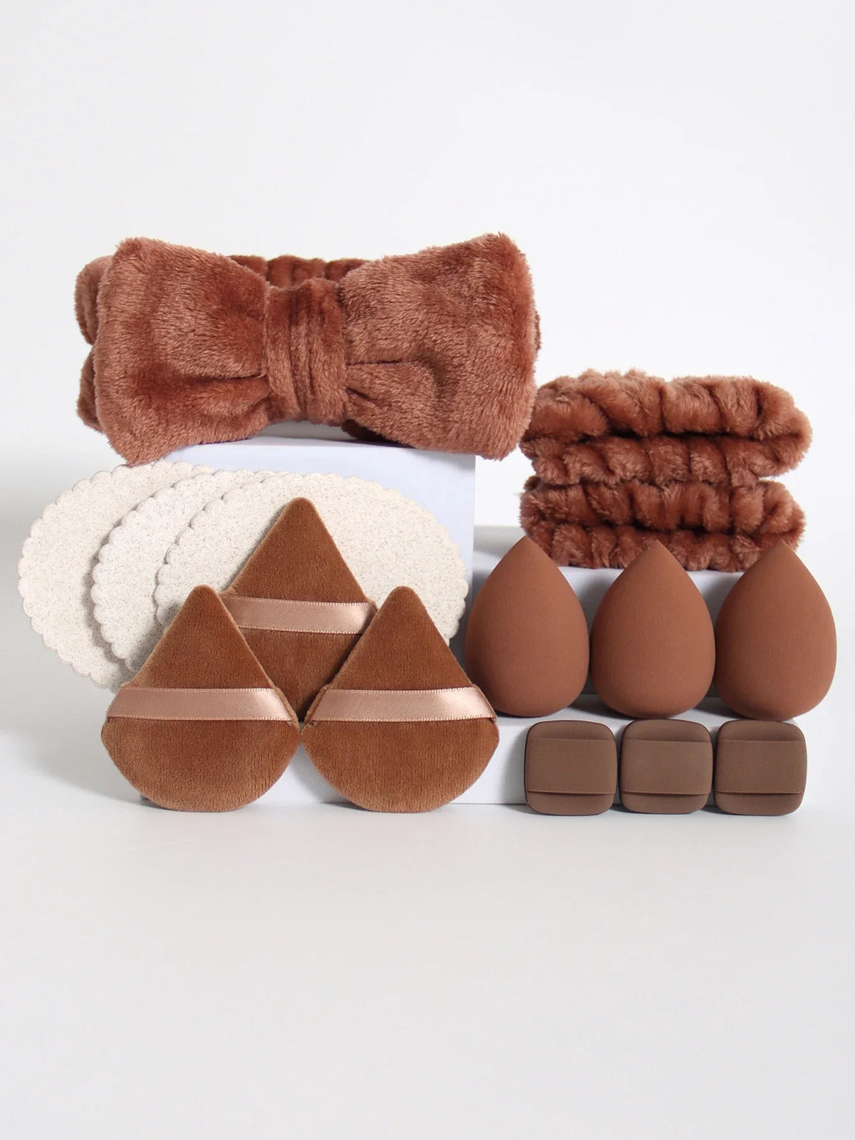 15Pcs Multi-Colored Fluffy Headband and Makeup Sponge Set | Sweet Style Beauty Kit