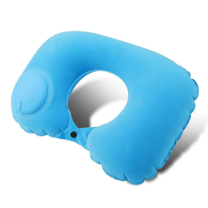 Portable Inflatable U-Shaped Neck Pillow for Travel | Press-Inflatable Neck Support with Built-In Storage