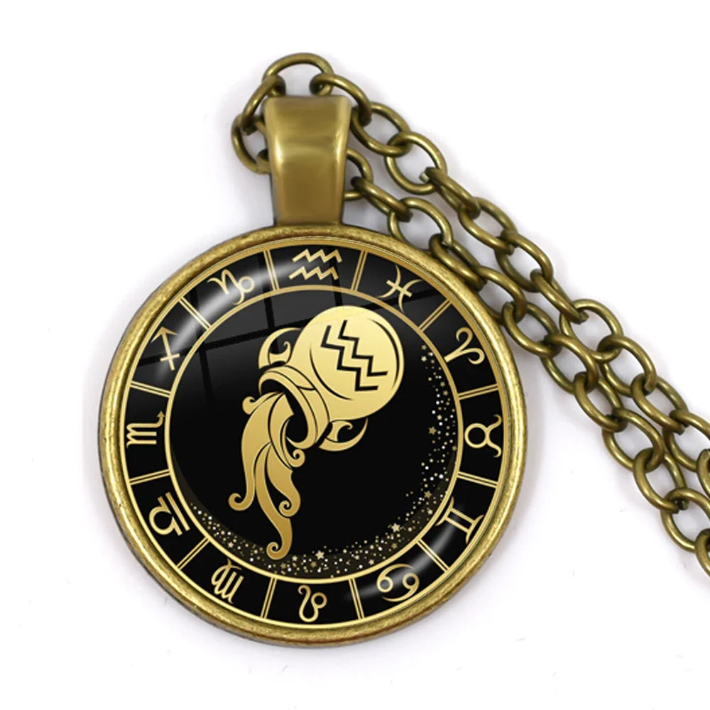 12 Constellation Zodiac Pendant Necklace | Antique Bronze Glass Dome Jewelry