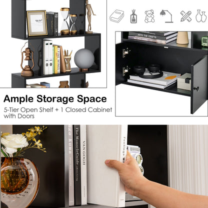6-Tier S-Shaped Freestanding Bookshelf with Cabinet and Doors