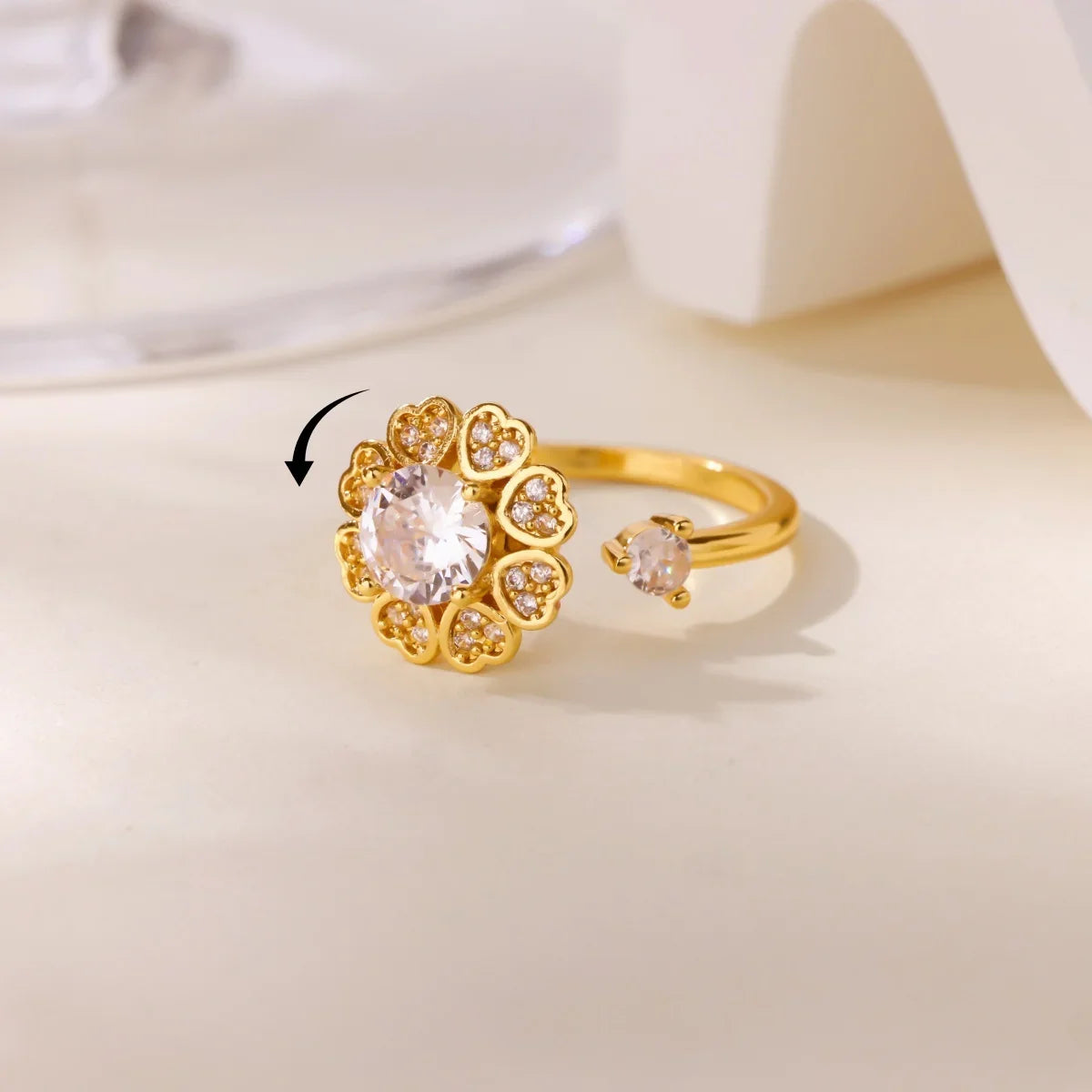 Luxury Zircon Rotable Flower Heart Rings For Women Stainless Steel Gold Color Open Ring 2025 New Fashion Wedding Couple Jewelry