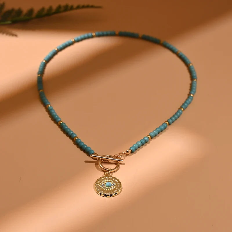 4mm Colorful Stone Choker Necklace for Women | Round Evil Charm Pendant