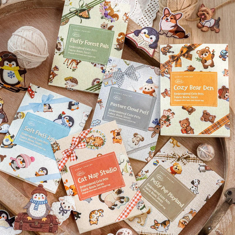 Kawaii Embroidered Fabric Pet Sticker Set | 40Pcs White Kraft Paper Journal Decor