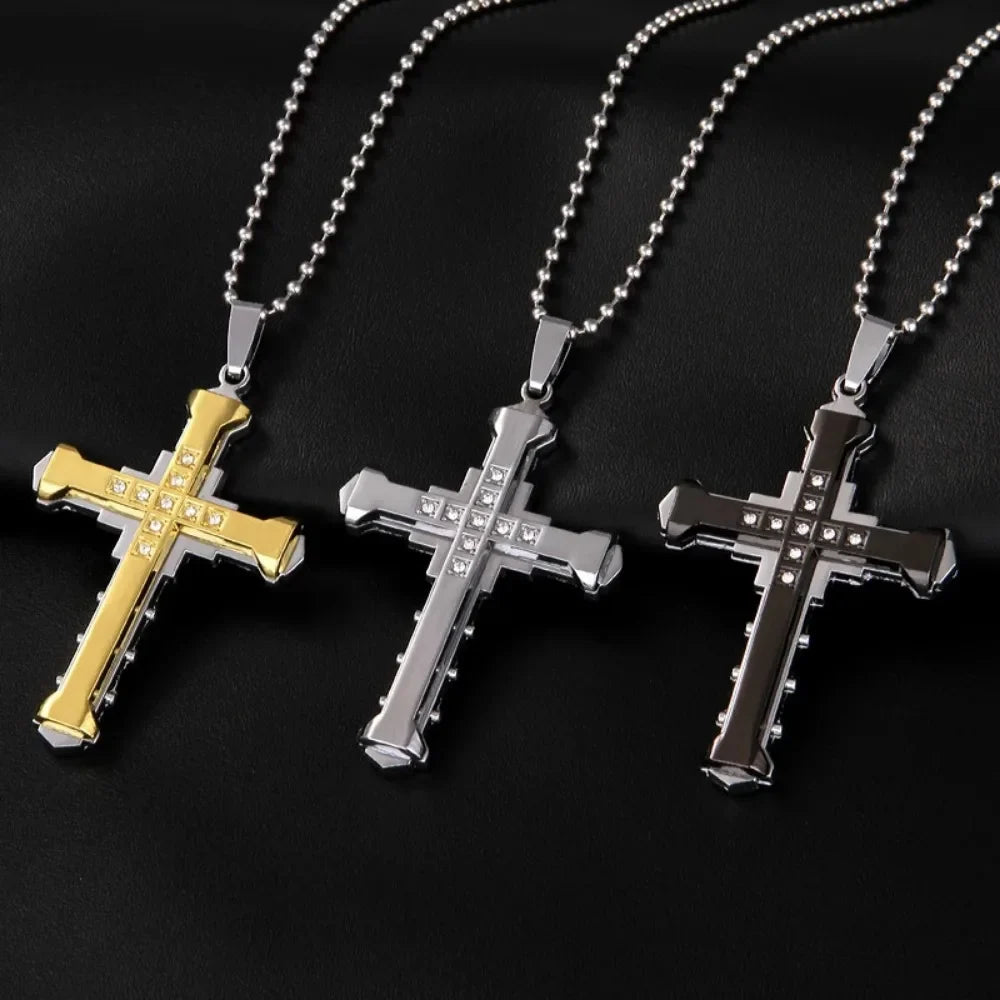Men's Crystal Cross Pendant Necklace, Gold/Black/Blue Zirconia, Stainless Steel Jesus Cross Jewelry