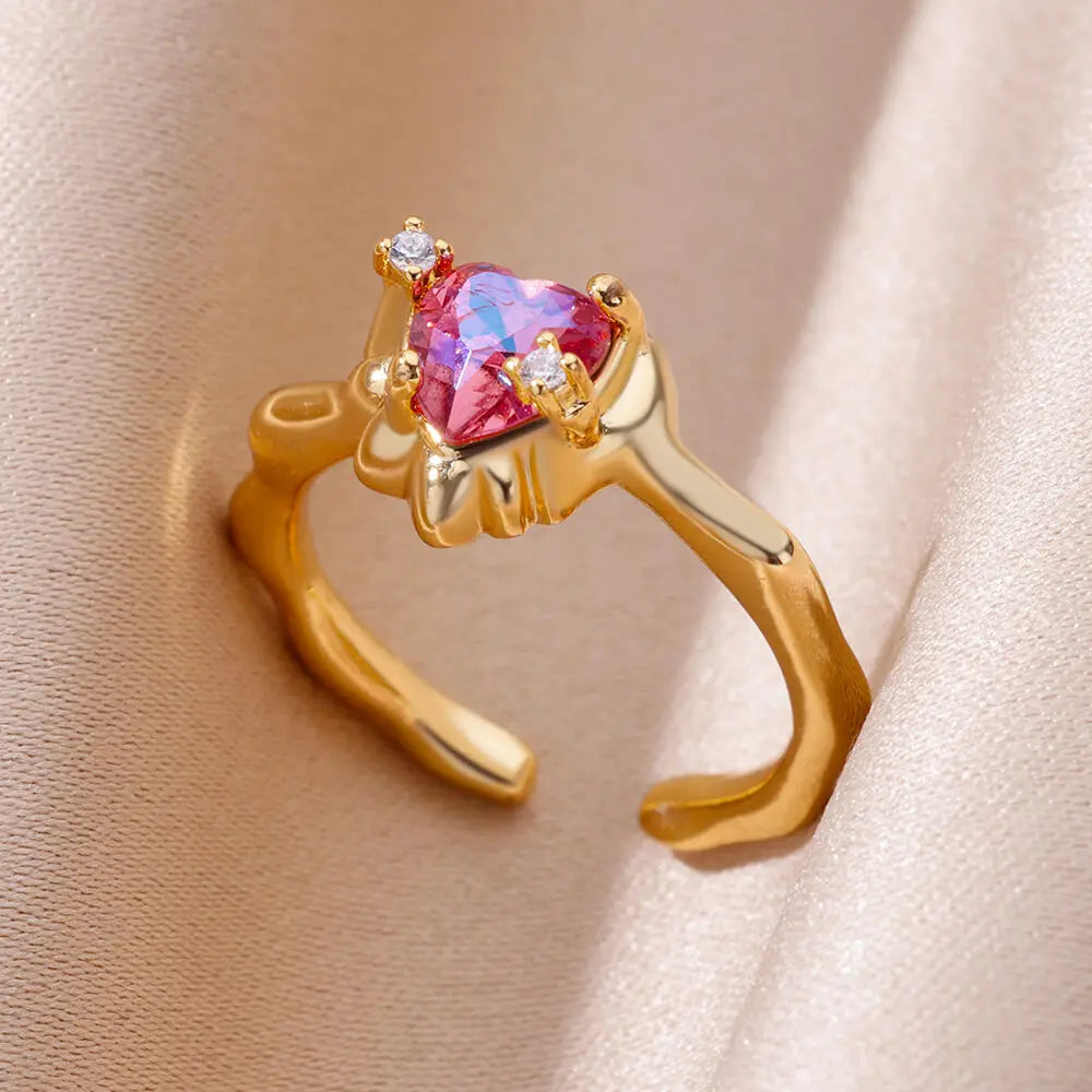 Stainless Steel Rings For Women Gold Color Fashion Heart Zircon Opening Ring Female Finger Wedding Party Jewelry Gift