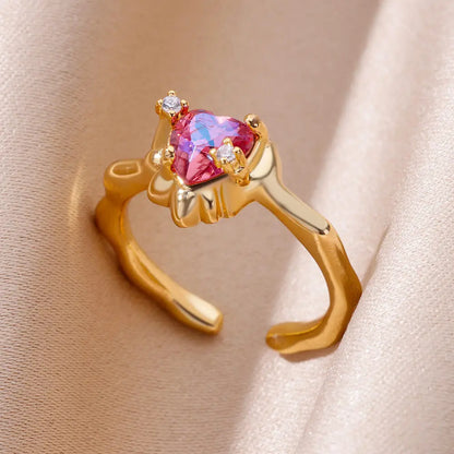 Stainless Steel Rings For Women Gold Color Fashion Heart Zircon Opening Ring Female Finger Wedding Party Jewelry Gift