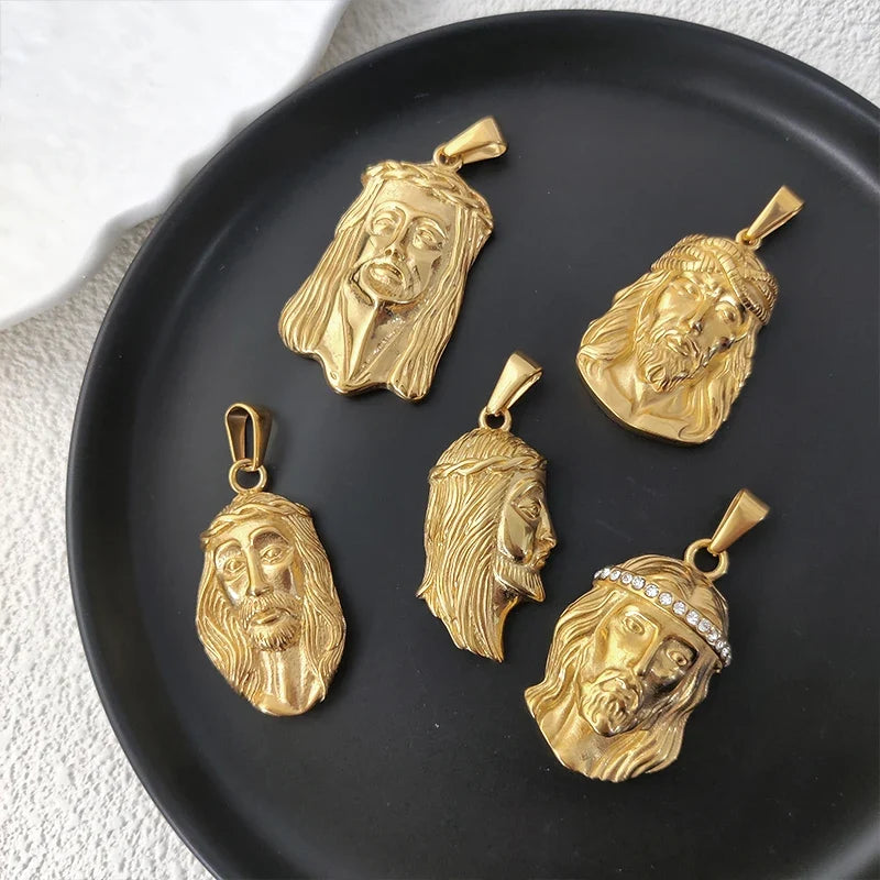 Hip - Hop Stainless Steel 18K Gold Plated Jesus Head Pendant Necklace Waterproof Jewelry For Ideal Men's Gift