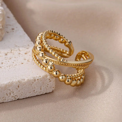 Stainless Steel Bead Twist Cross Rings For Women Gold Plated Irregular Opening Ring Wedding Aesthetic Jewelry anillos mujer