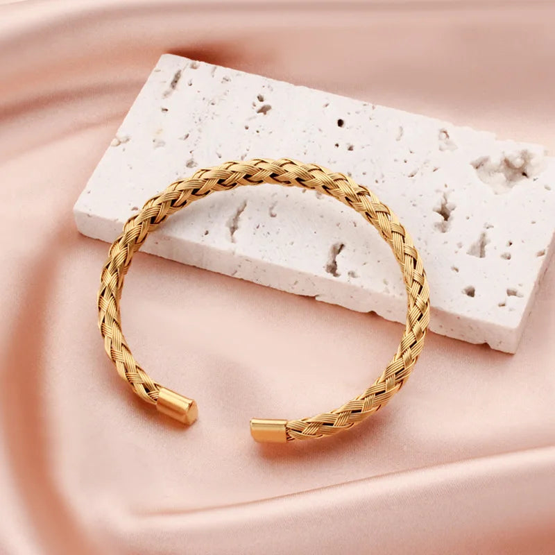 1Pcs Titanium Steel Woven Bangle Trendy And Minimalist Style Steel Wire Braided Adjustable C-shaped Opening Bracelet