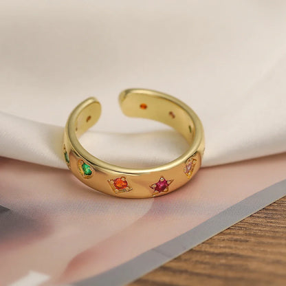 NEWBUY 2024 New Fashion Gold Color Colourful AAA CZ Zircon Inlay Jewelry Open Design Wedding Bands Rings For Women Girl