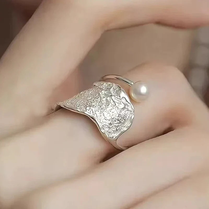 PANJBJ 925 Sterling Silver Pearl Irregular Ring | Women Shell Overlapping Hollow Sweet Design Jewelry