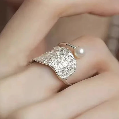 PANJBJ 925 Sterling Silver Pearl Irregular Ring | Women Shell Overlapping Hollow Sweet Design Jewelry