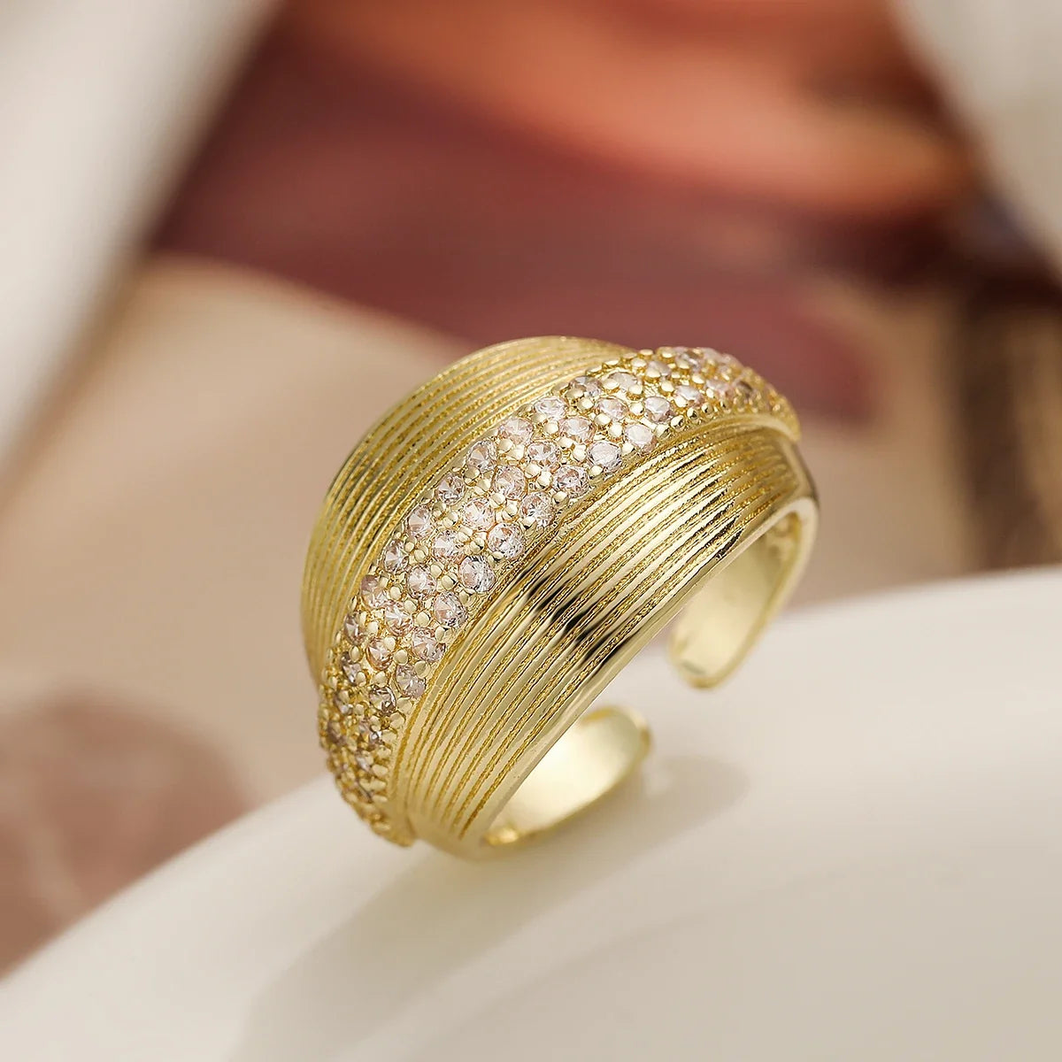 NEWBUY Luxury AAA Cubic Zirconia Inlay Copper Wedding Jewelry Gold Color Statement Geometric Shape Open Design Rings For Women