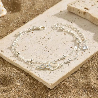 S925 heart-shaped double-layer ankle bracelet, simple and elegant, suitable for daily wear, hypoallergenic