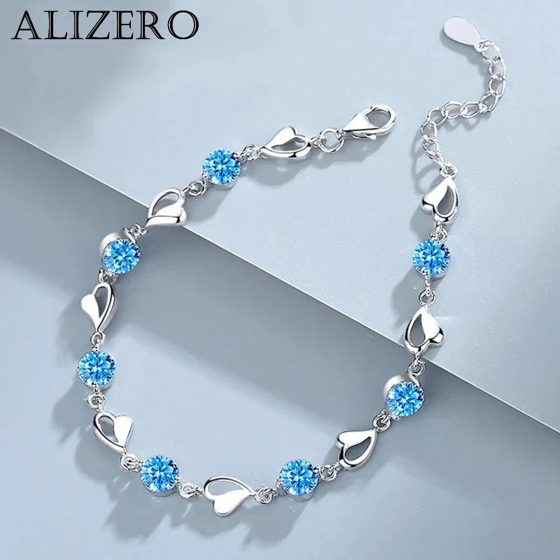 925 Sterling Silver Heart Shaped Bracelet For Women Retro Korean Versatile Blue Crystal Charm Bracelets Original Party Jewelry