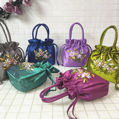 Small Embroidered Flower Bucket Bag | Women's Top Handle Drawstring Purse