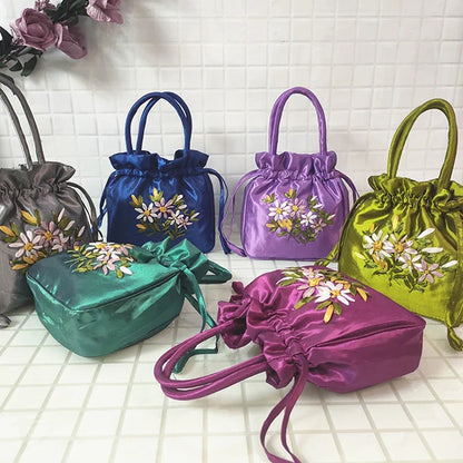 ZTBBAO Embroidered Flower Bucket Bag | Small Top Handle Handbag for Women