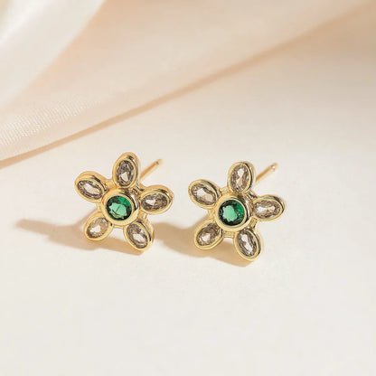 NEWBUY Delicate Gold Color Cute Flower Stud Earrings For Women Pink Green White CZ Crystal Jewelry Femme Bijoux