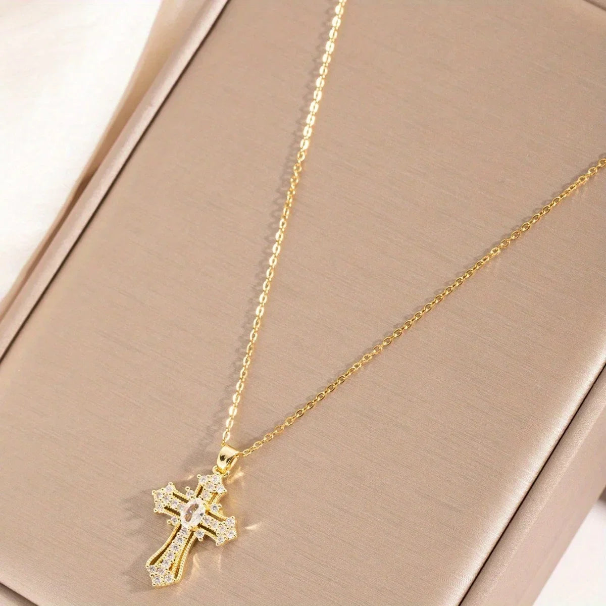 1Pcs Cross Necklace Pendant Religious Blessing Stainless Steel Sturdy Gold Necklace Water Diamond Inlay Trendy Fashion