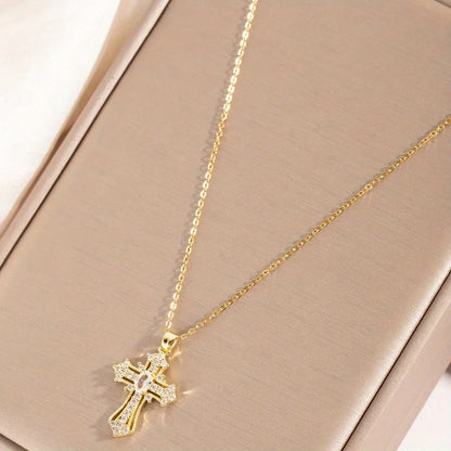 1Pcs Cross Necklace Pendant Religious Blessing Stainless Steel Sturdy Gold Necklace Water Diamond Inlay Trendy Fashion