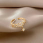 Shinny Rhinestone Gold Color Chain Star Pendant Open Rings Korean Style Woman Fashion Jewelry Wedding Party Girl's Trendy Ring