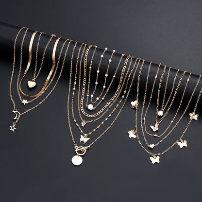 Simple Stackable Necklaces Set for Women Fashion Butterfly Heart Star Pearl Moon Pendant Necklaces Boho Jewelry Gifts 2025