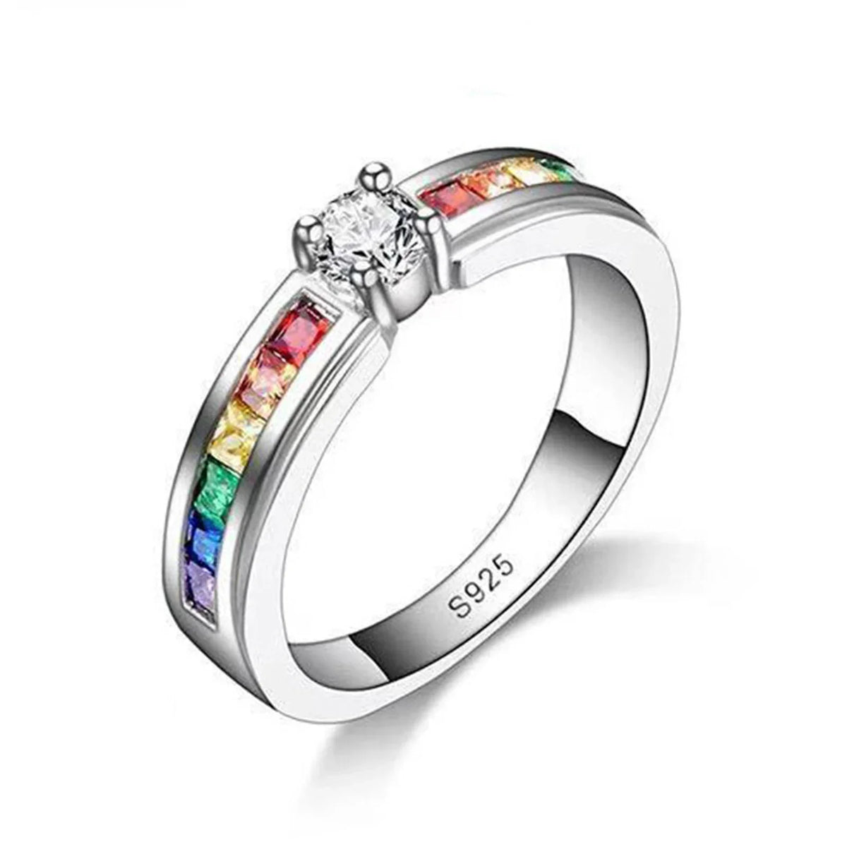 Real 100% 925 Sterling Silver Color Rainbow Cubic Zircon Rings For Women Wedding Lovely Engagement Proposal Ring Accessory