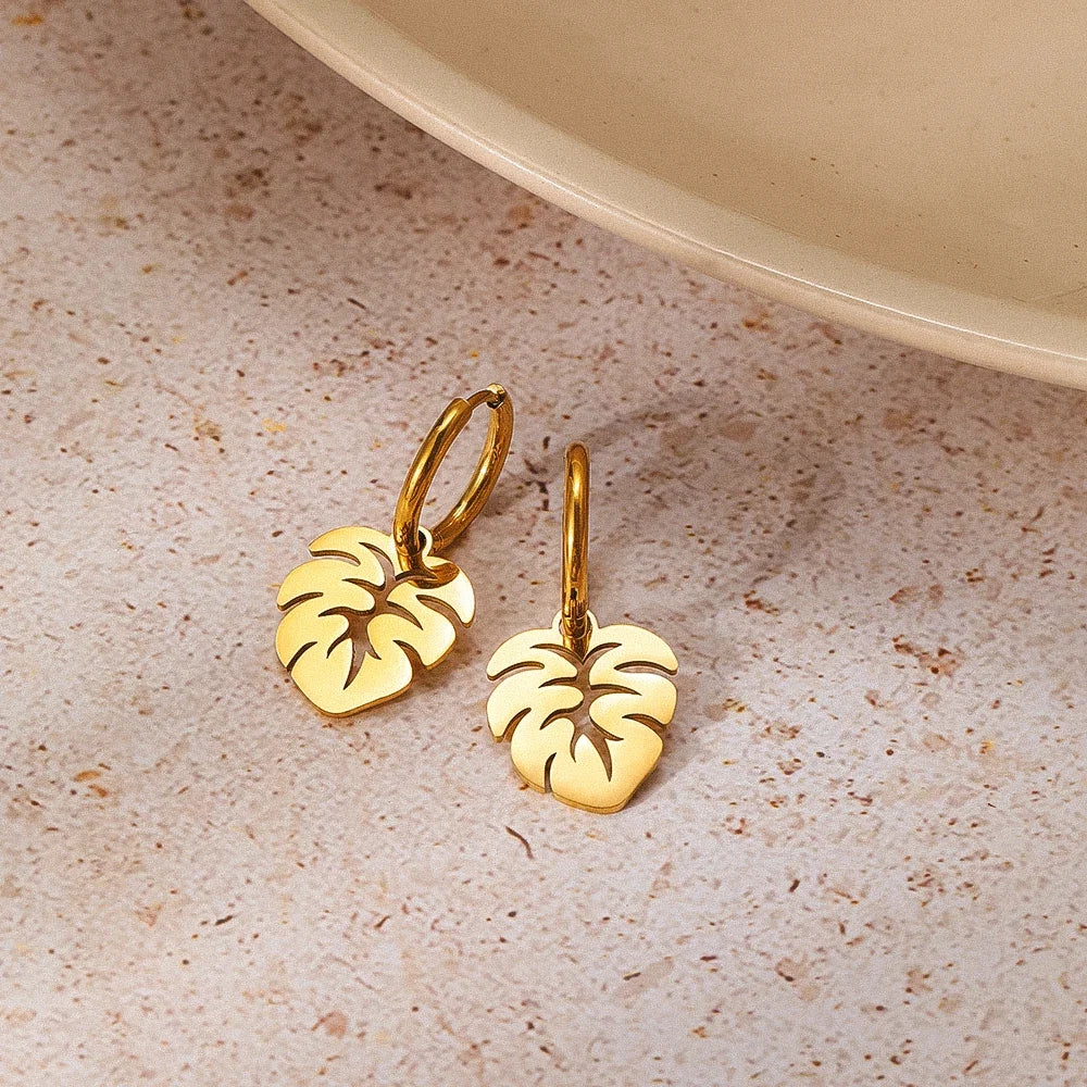 Stainless Steel Earrings Bohemian Tropical Plant Leaves Pendants Retro Glossy Aesthetic Hoop Earrings For Women Jewelry Girl New