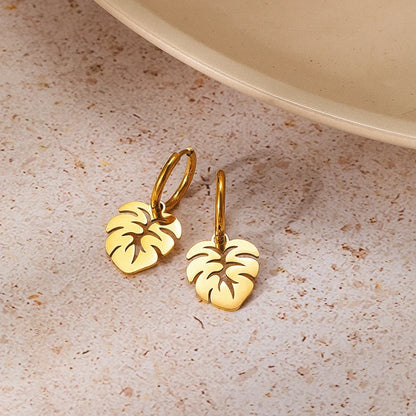 Stainless Steel Earrings Bohemian Tropical Plant Leaves Pendants Retro Glossy Aesthetic Hoop Earrings For Women Jewelry Girl New