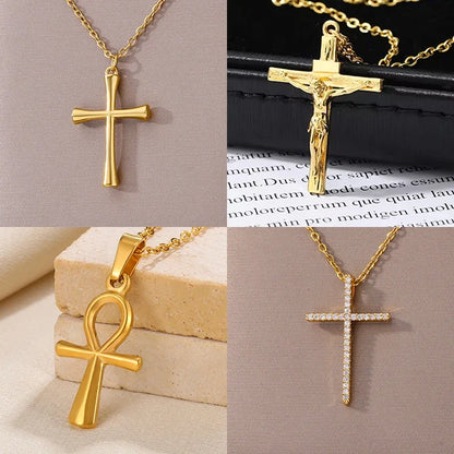 Cross Goddess Pendant Necklace for Women Stainless Steel 316L Gold Color Necklace 2025 New Party Jewelry Aesthetic Accessories