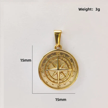 18K Gold Plated Stainless Steel Compass Pendant Necklace - Round Coin Design for Men & Women, Waterproof Unisex Jewelry Gift