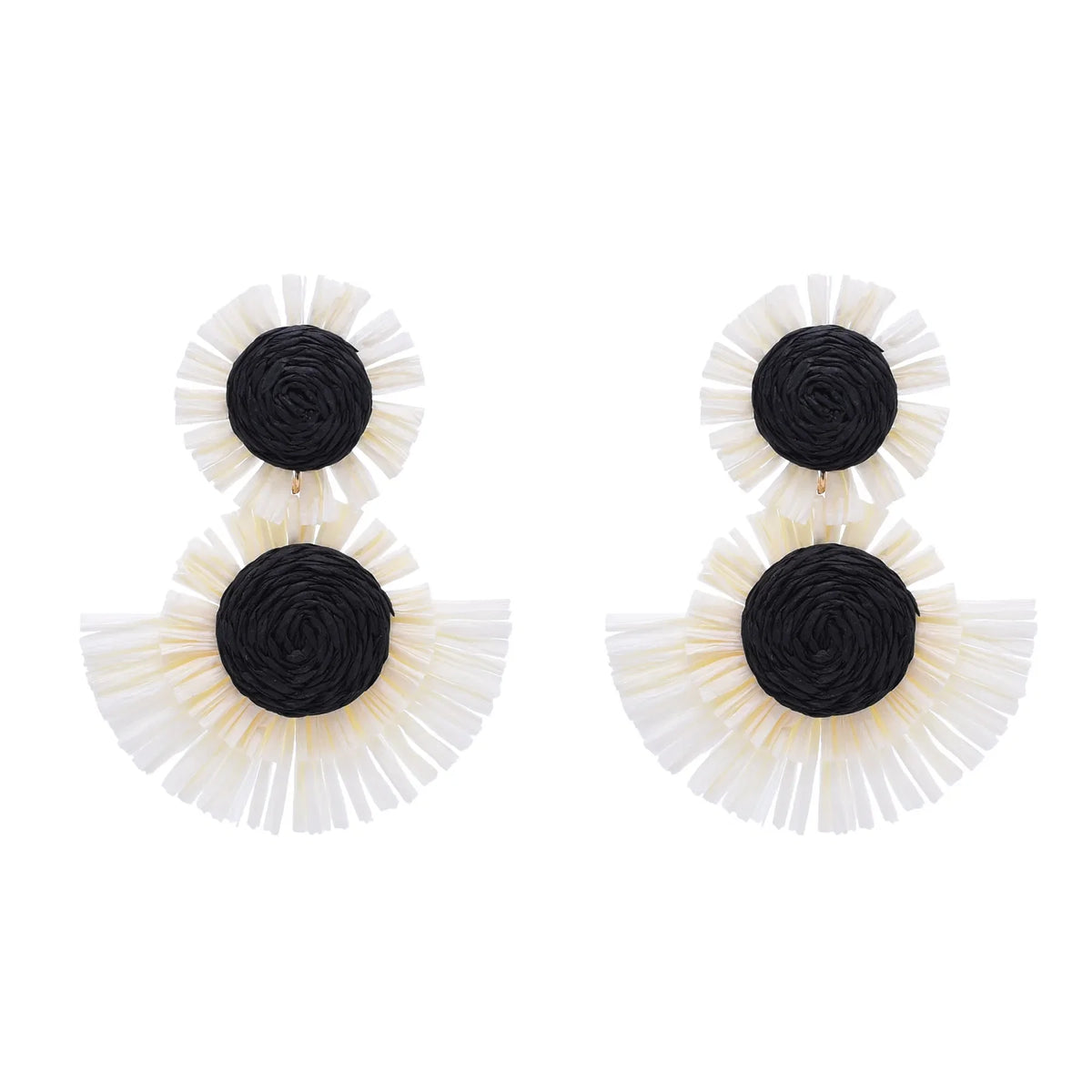 Black And White Raffia Fan Dangle Earrings | Bohemian Tribal Handmade Jewelry