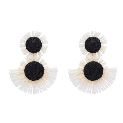 Black And White Raffia Fan Dangle Earrings | Bohemian Tribal Handmade Jewelry