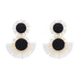 Black And White Raffia Fan Dangle Earrings | Bohemian Tribal Handmade Jewelry