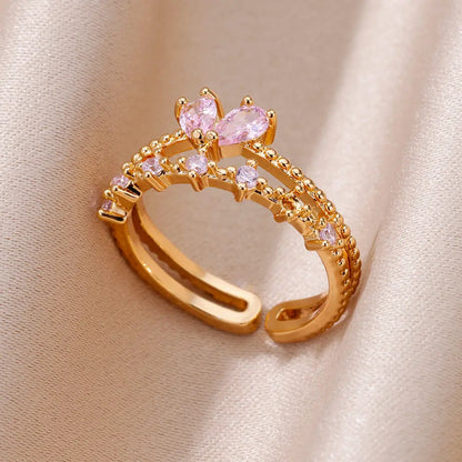 Stainless Steel Rings For Women Gold Color Fashion Heart Zircon Opening Ring Female Finger Wedding Party Jewelry Gift