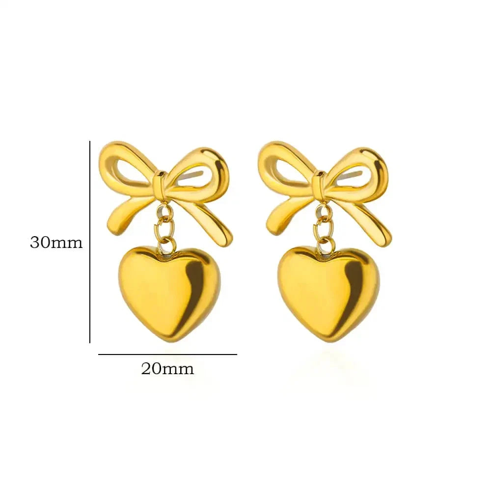 Cute Bow Heart Earrings for Women Stainless Steel Gold Color Heart Stud Earrings 2024 Trend Piercing Jewelry Wedding Party Gift