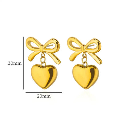 Cute Bow Heart Earrings for Women Stainless Steel Gold Color Heart Stud Earrings 2024 Trend Piercing Jewelry Wedding Party Gift
