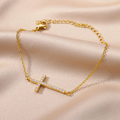Crystal Cross Bracelets For Women Fashion Gold Plated Stainless Steel Cross Bracelet Vintage Religion Aesthetic Jewelry Gift