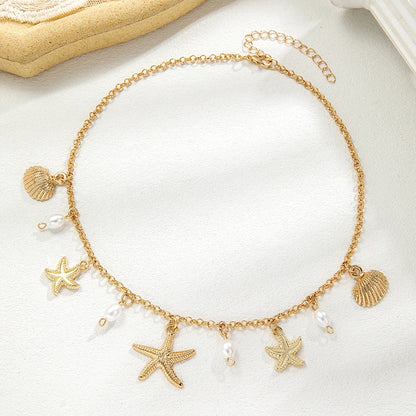 Holiday beach style starfish pendant shell imitation pearl tassel beach element alloy women's necklace