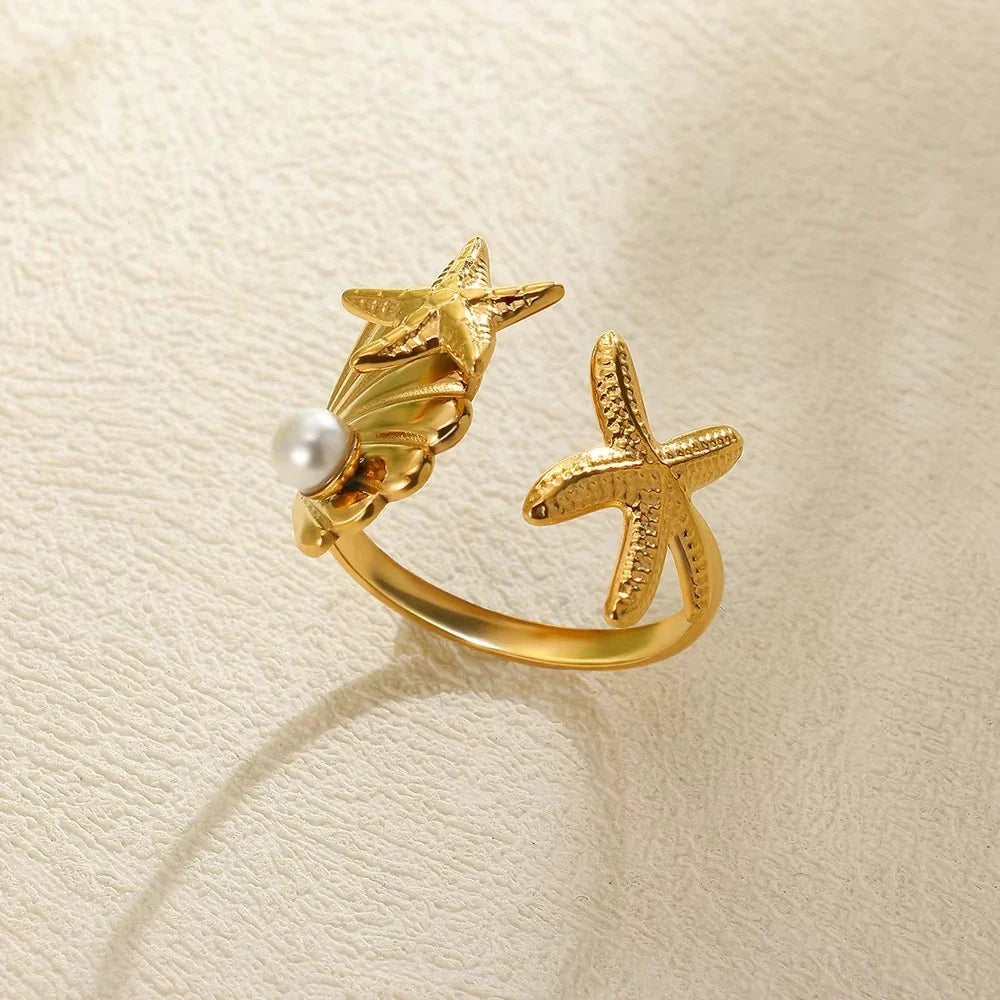 Starfish Shell Stainless Steel Open Rings For Women Fashion Gold Color Finger Ring Trendy Summer Beach Vacation Ocean Jewelry