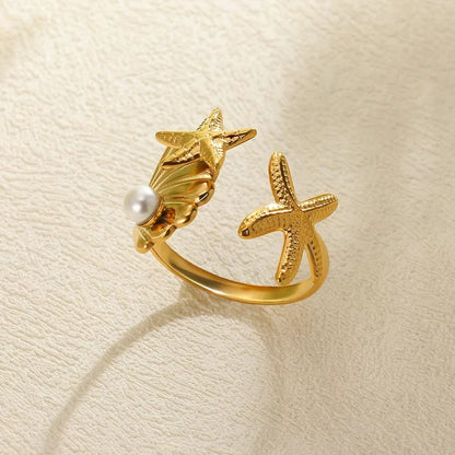 Starfish Shell Stainless Steel Open Rings For Women Fashion Gold Color Finger Ring Trendy Summer Beach Vacation Ocean Jewelry