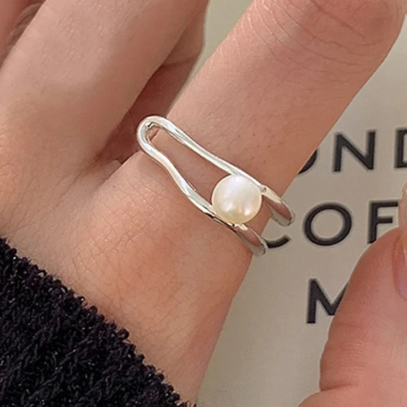 PANJBJ 925 Sterling Silver Pearl Irregular Ring | Women Shell Overlapping Hollow Sweet Design Jewelry