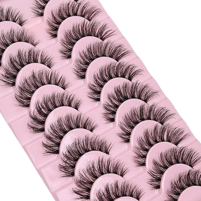 10 Pairs Natural Fluffy False Eyelashes Wispy Lashes | 3D Volume Strip Lashes D Curl Fake Eyelashes with Clear Band