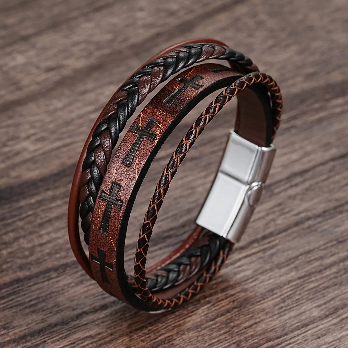 Fashion Cross Leather Rope Bracelet for Men Vintage Woven Leather Bracelet Punk Metal Magnet Buckle Personality Bracelet Jewelry