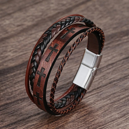 Fashion Cross Leather Rope Bracelet for Men Vintage Woven Leather Bracelet Punk Metal Magnet Buckle Personality Bracelet Jewelry