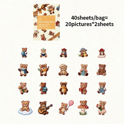 Kawaii Embroidered Fabric Pet Sticker Set | 40Pcs White Kraft Paper Journal Decor