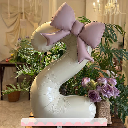 2 Pcs 32 Inch Cream Digital Balloon Set with Pink Bow | Aluminum Foil Party Decor