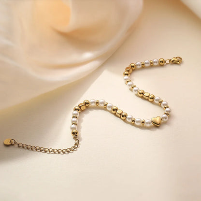 NEWBUY 2025 Trendy Gold Color Non-Fading Stainless Steel Beads Pearl Heart Bracelet For Women Daily Jewelry Accessories